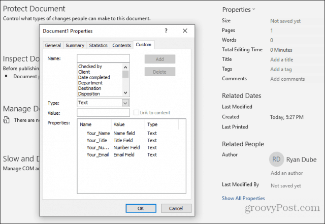 adding custom fields in word