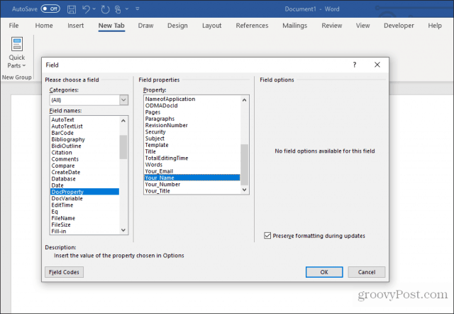 using custom fields in word