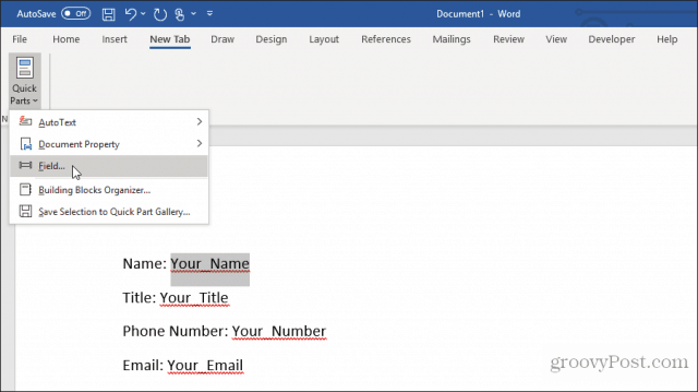 using custom fields in word