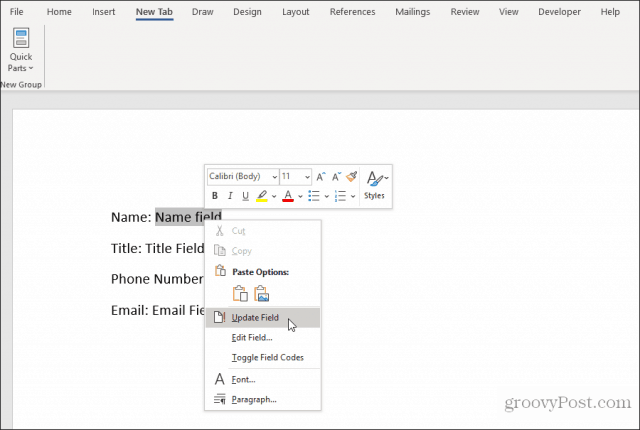 using custom fields in word