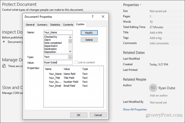 using custom fields in word