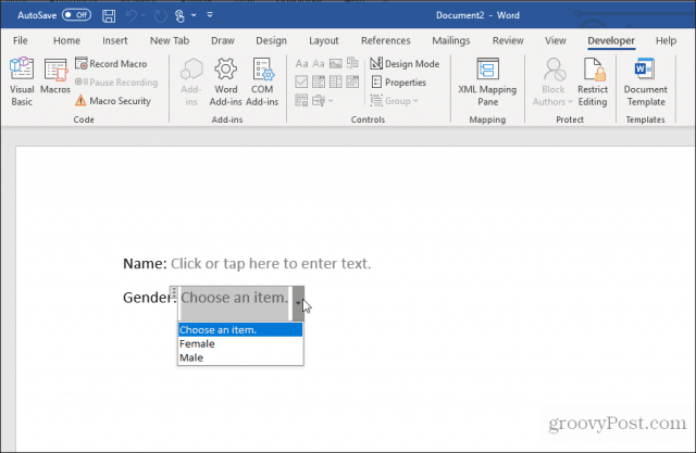 using a drop down list in word