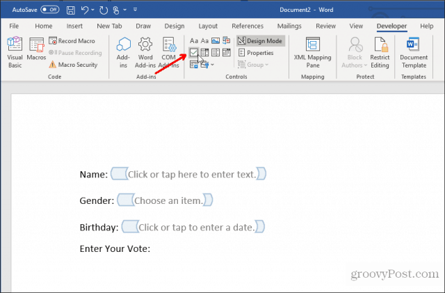 inserting a checkbox in word