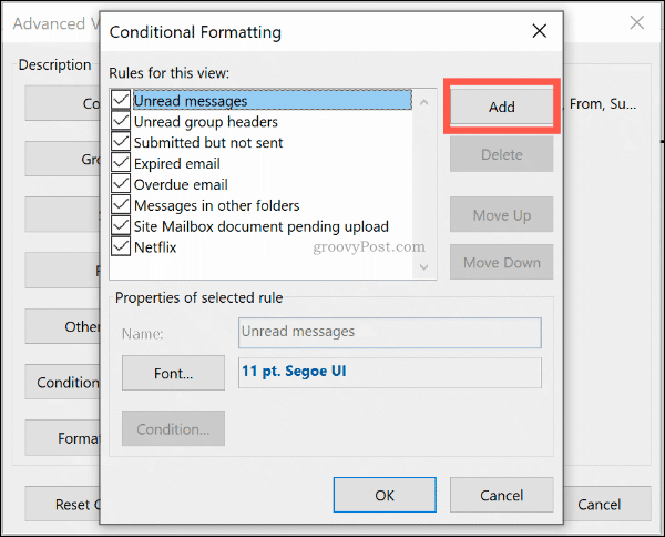 Click Add to add a new conditional format rule in Outlook