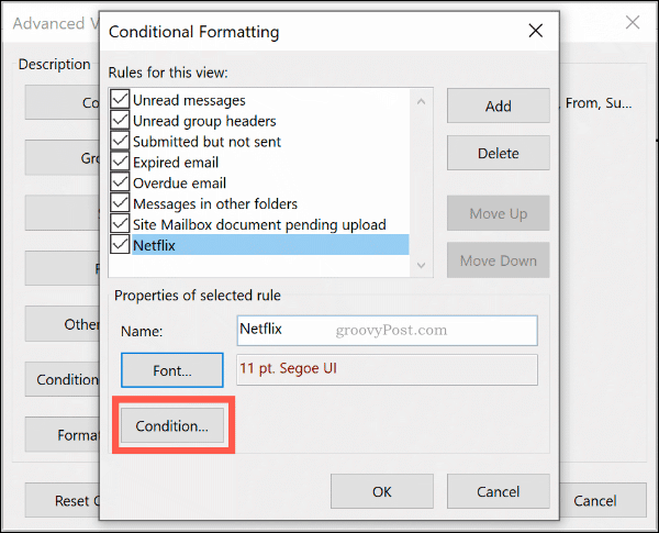 The Conditional Formatting Conditions button in Microsoft Outlook