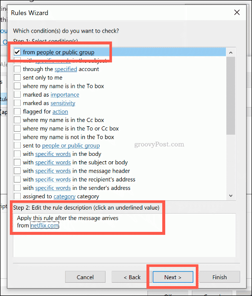 Selecting the search criteria for a new Outlook rule