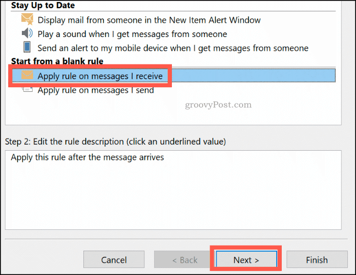 Creating a blank rule in Outlook