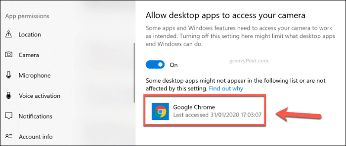 A list of desktop apps with camera access on Windows 10