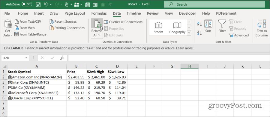 refreshing stock data in excel