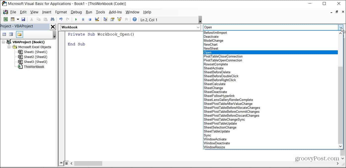 launching vba code on workbook open