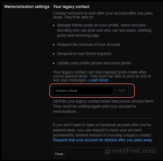 Facebook Legacy contact memorialization choose