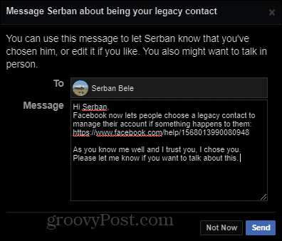 Facebook Legacy contact memorialization choose send