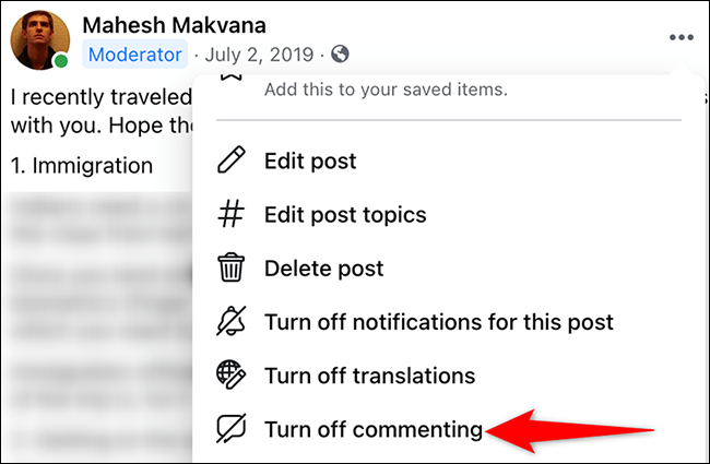 no option to turn off comments on facebook post