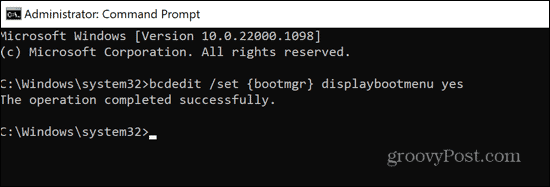 windows command prompt bcdedit successful