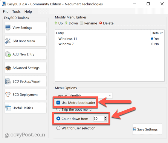 easybcd use metro bootloader