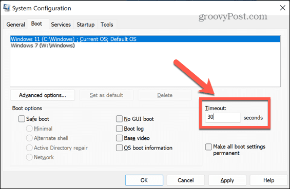 windows msconfig boot timeout