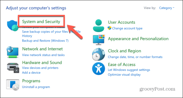 windows control panel system and security