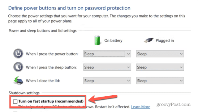 windows turn on fast startup