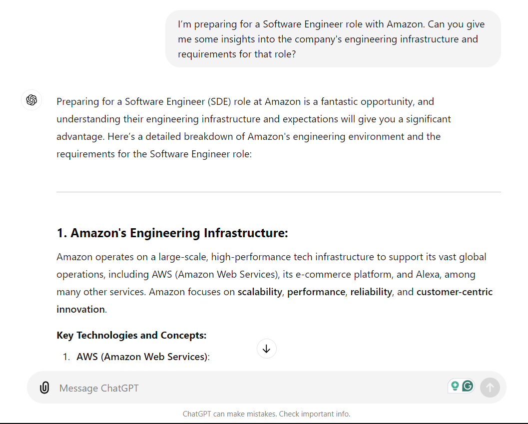 Asking ChatGPT about Amazon to land a software engineering role.