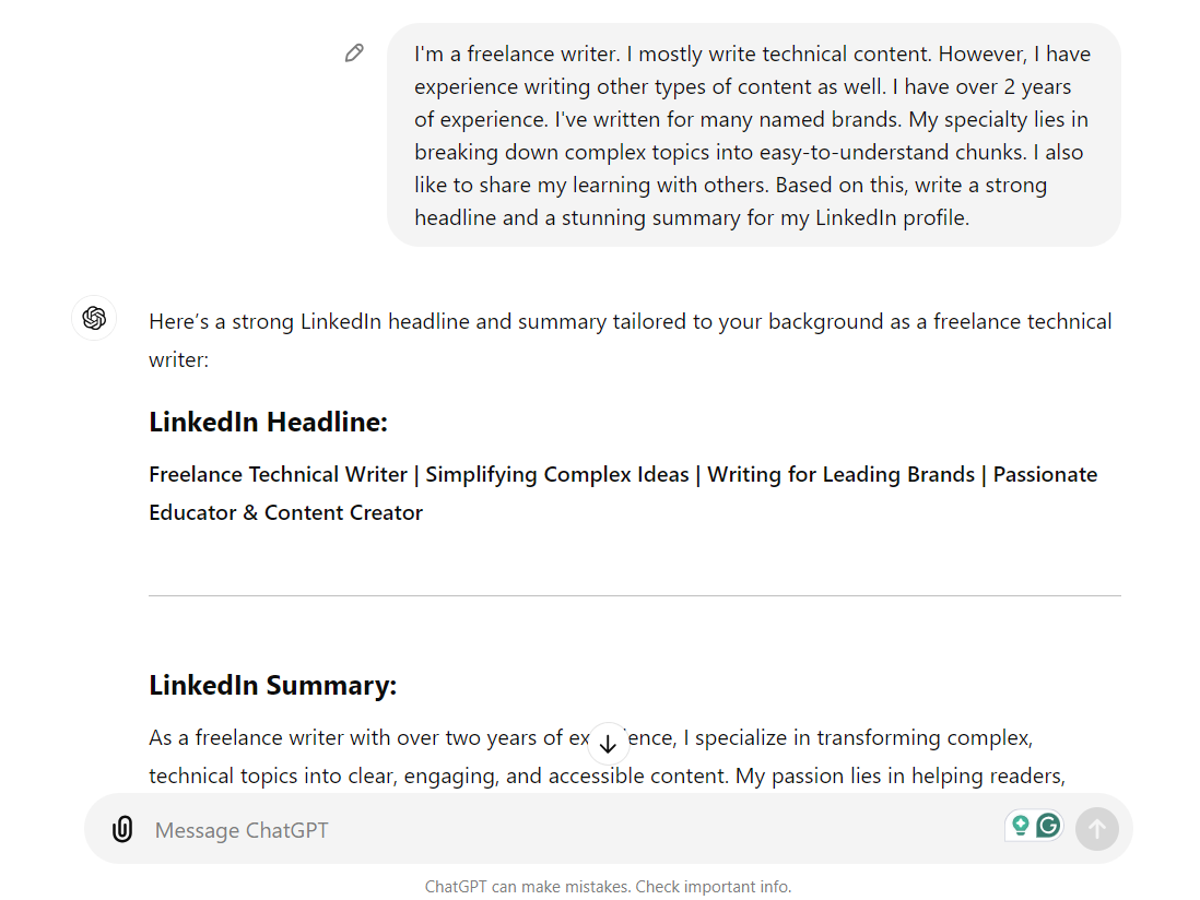 Asking ChatGPT to write a headline and a summary section for a LinkedIn profile.