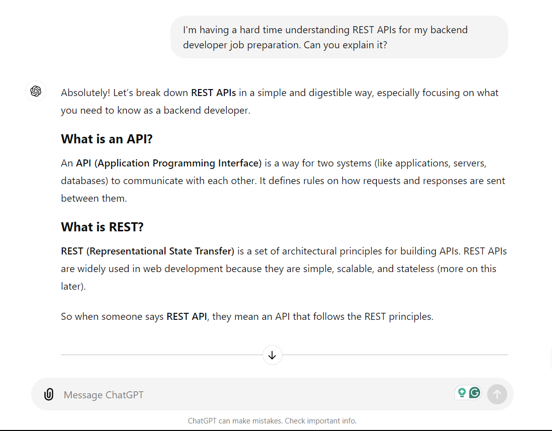 Asking ChatGPT to explain REST APIs.